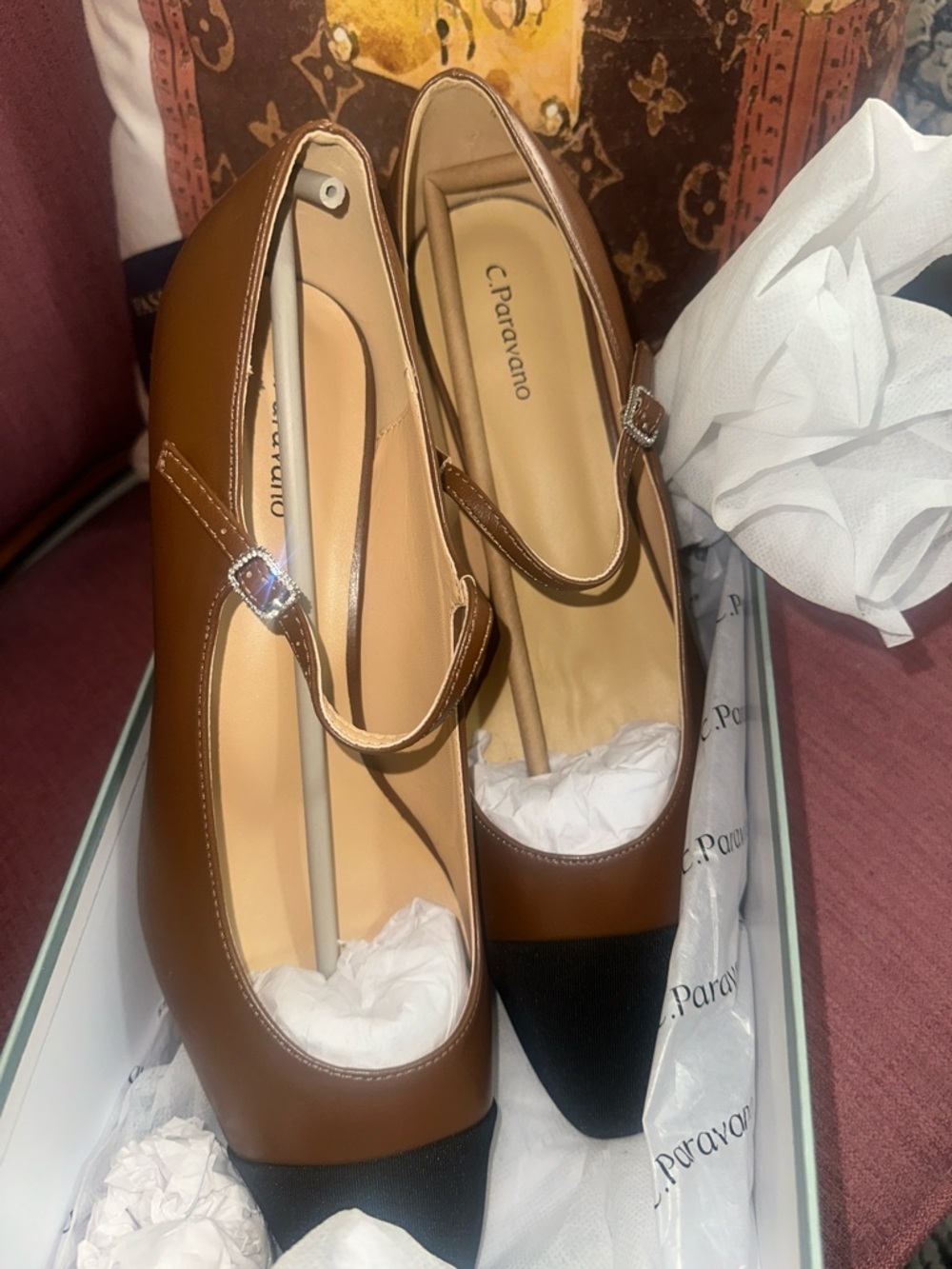 C.Paravano Brown and Black Mary Jane Pumps